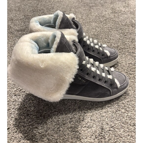 Prada Grey Suede And Faux Shearling High Top Sneakers Size 38 US 8 - Picture 1 of 11
